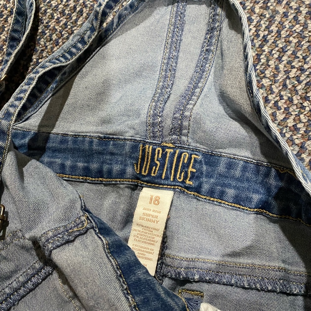 Justice lace embellished overalls. Size 18 MidRise Super Skinny. Distressed/lace - Picture 7 of 11